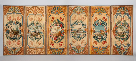 At the European Fine Art Fair London dealers Mallett were looking for a buyer for this important and rare set of six Louis XV Savonnerie panels, circa 1735, decorated with scenes from Aesop’s fables by the great French still life painter Jean Baptiste Oudry. Image courtesy of Mallett.